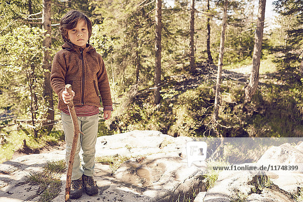 Bildnis eines Jungen im Wald  auf einem Felsen stehend