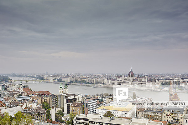 Skyline of Budapest from fisherman's bastion by day Parliament across the Danube Hungary