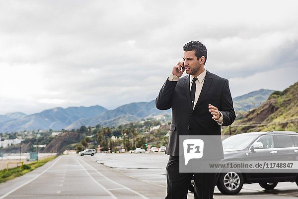 Young businessman on coastal highway explaining on smartphone