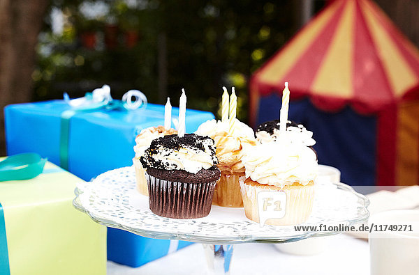 Birthday cupcakes on cake stand