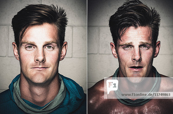 Portraits of mid adult man before and after workout