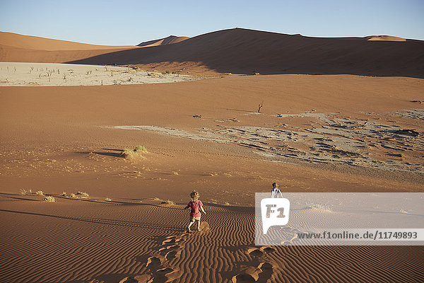 Boys walking on sand dune  Namib Naukluft National Park  Namib Desert  Sossusvlei  Dead Vlei  Africa