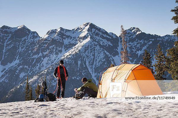 Camp on climbing trip up Pfeifferhorn  Maybird Basin  Lone Peak Wilderness  Wasatch Mountains  Utah  USA