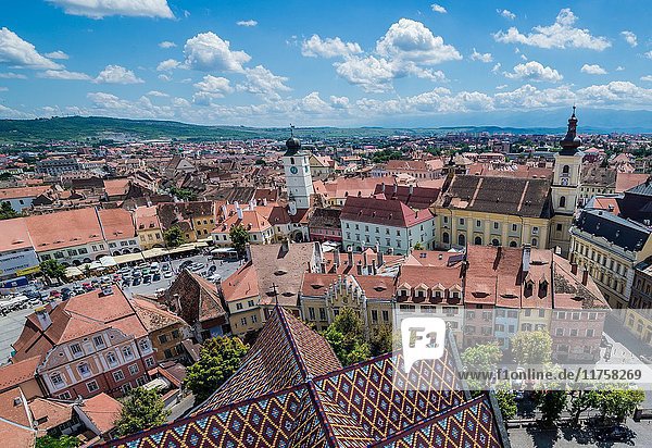 Old Town with Holy Trinity Church and Council Tower seen from Lutheran Cathedral of Saint Mary in Historic Center of Sibiu  Transylvania  Romania.