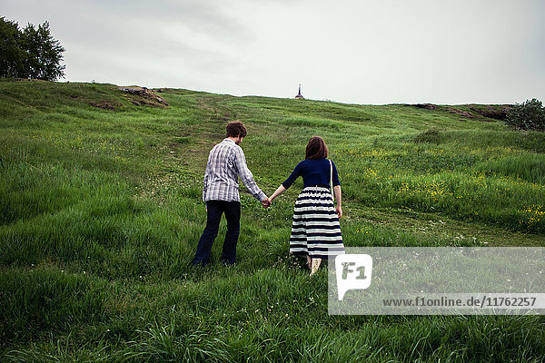 Paar  das einen grasbewachsenen Hügel hinaufgeht  Hände haltend  Rückansicht