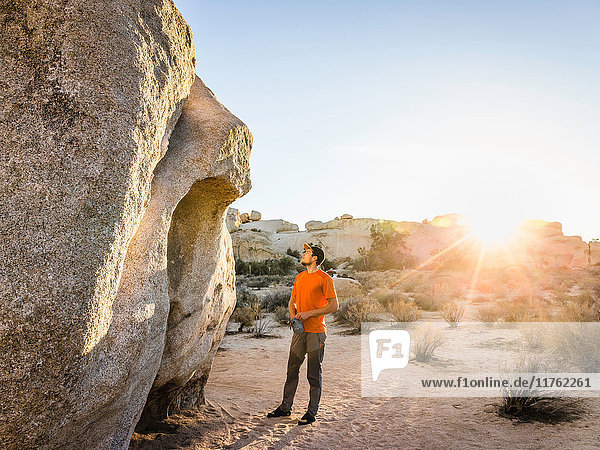 Male boulderer looking up at boulder in Joshua Tree National Park at dusk California USA