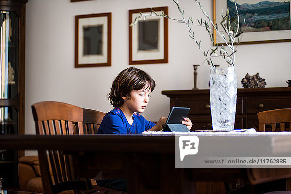 Junge sitzt am Tisch und benutzt Touchscreen auf digitalem Tablett