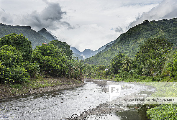 Paea River with dramatic mountains in the background Tahiti Society Islands French Polynesia Pacific