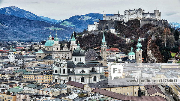 View from Monchsberg Hill towards old town  Salzburg  Austria  Europe