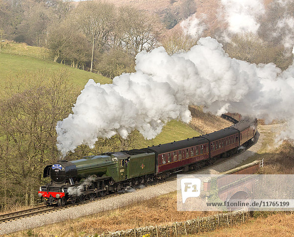 The Flying Scotsman steam locomotive arriving at Goathland station on the North Yorkshire Moors Railway  Yorkshire  England  United Kingdom  Europe