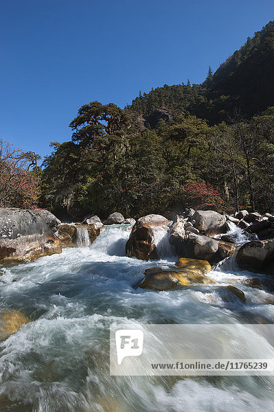Schnell fließendes Schmelzwasser bei Thangthanka in Bhutan  Asien