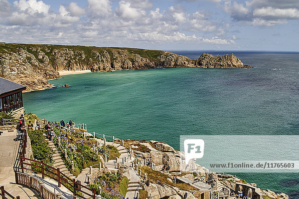 View over the Minack Theatre to Porthcurno beach near Penzance  West Cornwall  England  United Kingdom  Europe