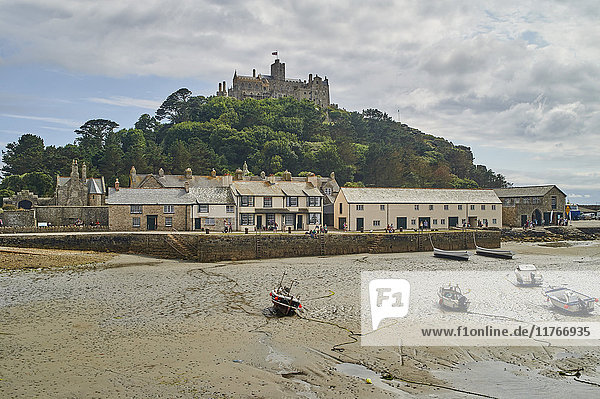 View of St Michael's Mount from the tidal island's landward harbour wall  Marazion  Cornwall  England  United Kingdom  Europe