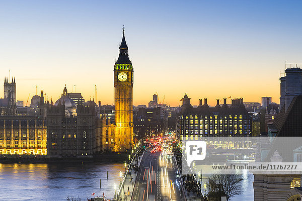 High angle view of Big Ben  the Palace of Westminster and Westminster Bridge at dusk  London  England  United Kingdom  Europe