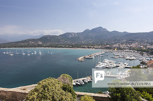 Blick auf den Hafen in der vom türkisfarbenen Meer umgebenen Bucht  Calvi  Region Balagne  Nordwesten Korsikas  Frankreich  Mittelmeer  Europa
