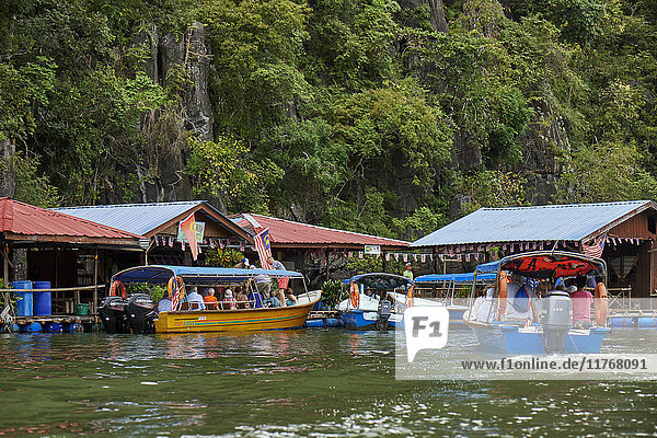 Mangroven-Safariboote halten an  damit Touristen eine Fischzucht besuchen und Hufeisenkrebse anfassen können  Langkawi  Malaysia  Südostasien  Asien