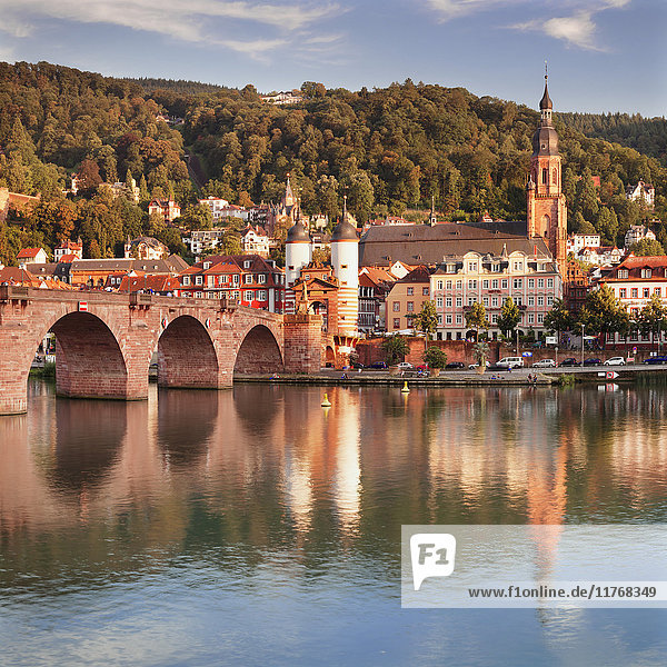 Old town with Karl-Theodor-Bridge (Old Bridge) and Castle  Neckar River  Heidelberg  Baden-Wurttemberg  Germany  Europe