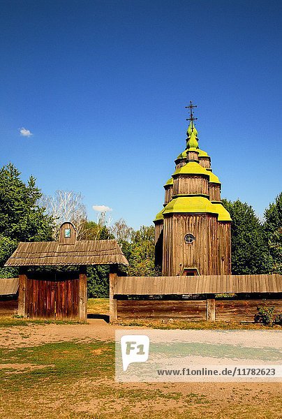 Old wooden church Open-air museum of ukrainian architecture and culture Kiev Pirogovo Ukraine.