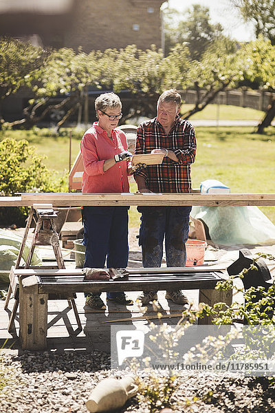 Seniorenpaar untersucht Holzbohle auf dem Hof bei Sonnenschein