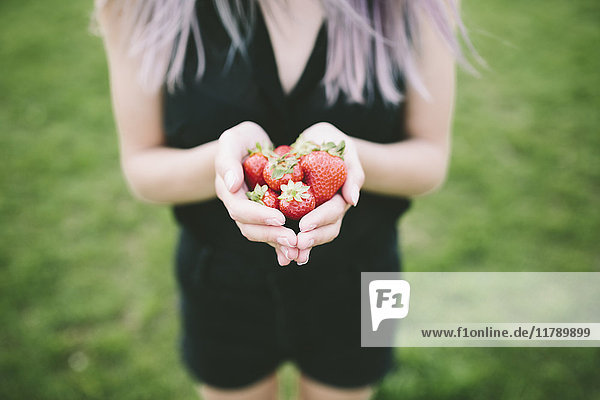 Hand der Frau mit Erdbeeren