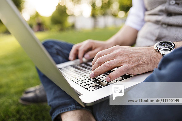 Unkenntlicher Geschäftsmann mit Laptop im Stadtpark auf Gras sitzend