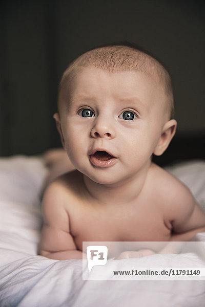 Portrait of naked baby boy lying on bed