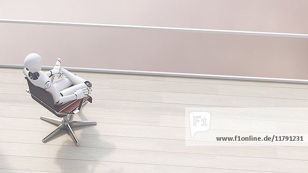 Roboter sitzend auf Bürostuhl entspannend,  3D-Rendering