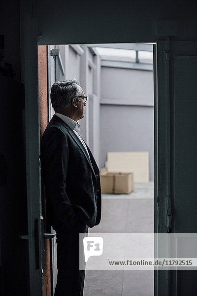 Senior businessman standing in door frame