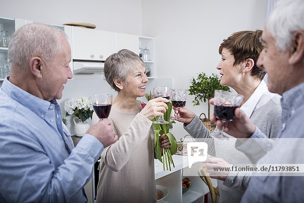 Zwei ältere Paare beim Feiern  Toast mit Rotwein