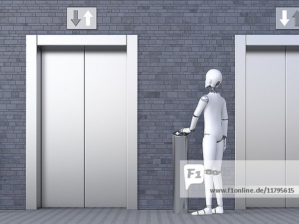Roboter steht vor dem Aufzug
