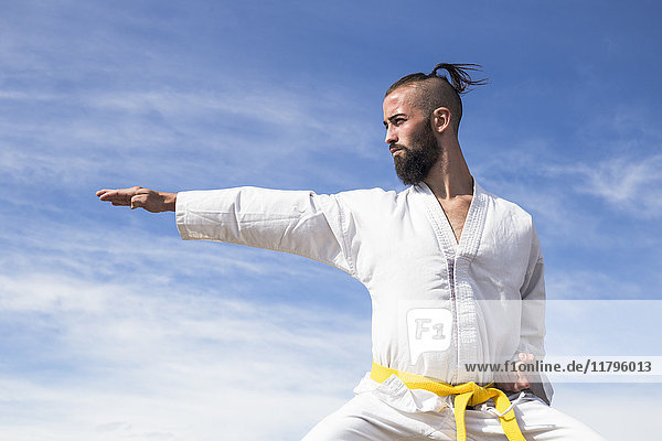 Man doing martial arts poses outdoors