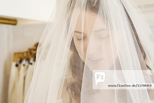 Kopf und Schultern einer Frau  die in einem auf Brautkleider spezialisierten Geschäft einen Brautschleier mit Netz anprobiert.