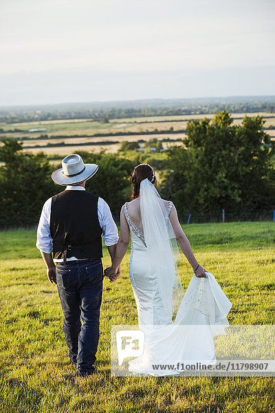 Rückansicht von Braut und Bräutigam  die Hand in Hand über einen grasbewachsenen Hang gehen  mit Blick über die Landschaft.