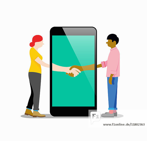 Mann und Frau schütteln die Hände im Smartphone-Display