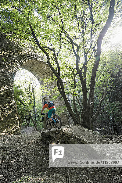 Mann fährt mit dem Fahrrad über einen Fußweg an einer gewölbten Steinmauer im Wald
