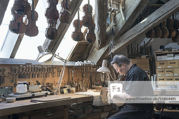 Craftsman making violin at workshop