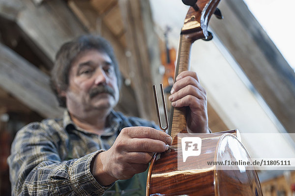 Handwerker in der Werkstatt mit Geige