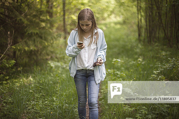 Girl using cell phone in forest