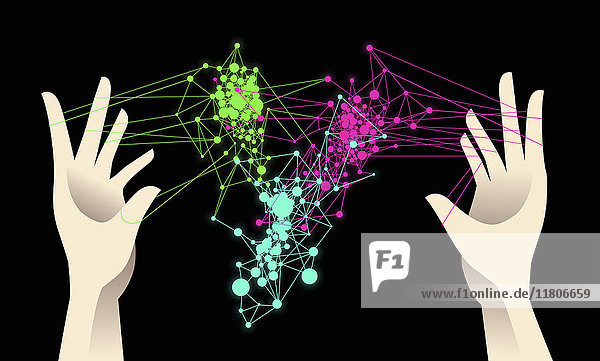 Hände halten ein komplexes Fadenspiel als Molekül-Netzwerk