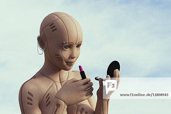 Robot woman with pierced face applying lipstick