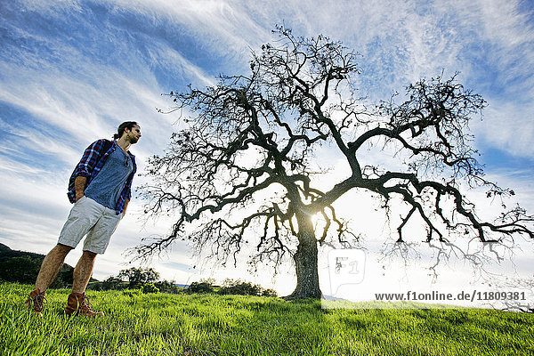 Caucasian man standing in field near tree