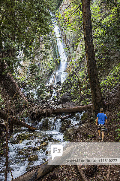 Kaukasischer Mann geht in der Nähe eines Wasserfalls im Wald spazieren