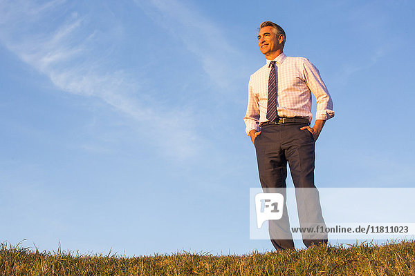Smiling Caucasian businessman standing on hill