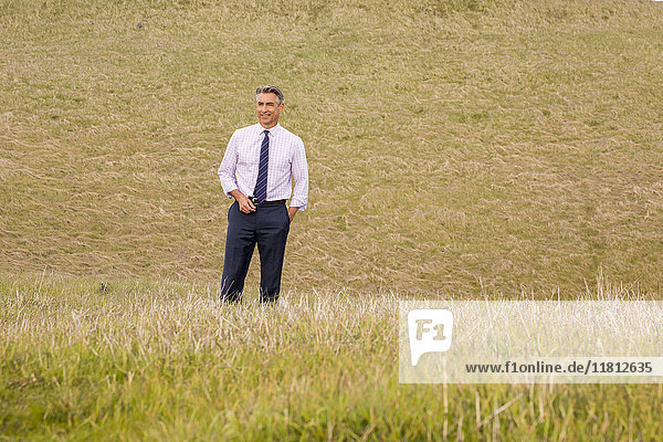 Lächelnder kaukasischer Geschäftsmann im Gras stehend
