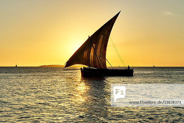 Boot auf See bei Sonnenuntergang  Sansibar  Sansibar Urban  Tansania  Afrika