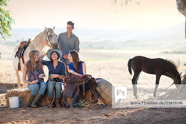 Vier junge Freunde sitzen mit Pferden auf Heuballen