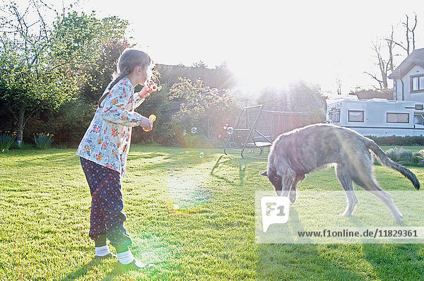 Mädchen bläst mit Hund im Freien Seifenblasen