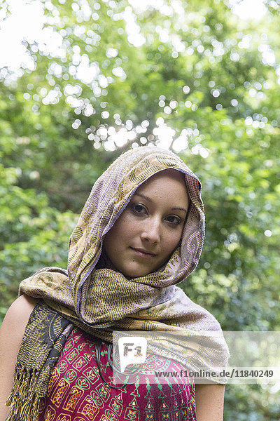 Portrait of Caucasian woman wearing headscarf