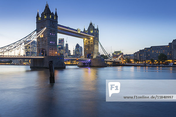 Tower Bridge and City of London skyline from Butler's Wharf at dusk  London  England  United Kingdom  Europe