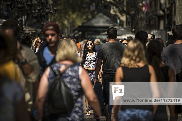 'Crowded famous street La Rambla; Barcelona Catalonia Spain'